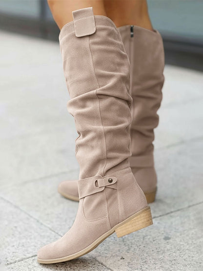 Faux Suede Round Toe Side Zipper Knee High Boots