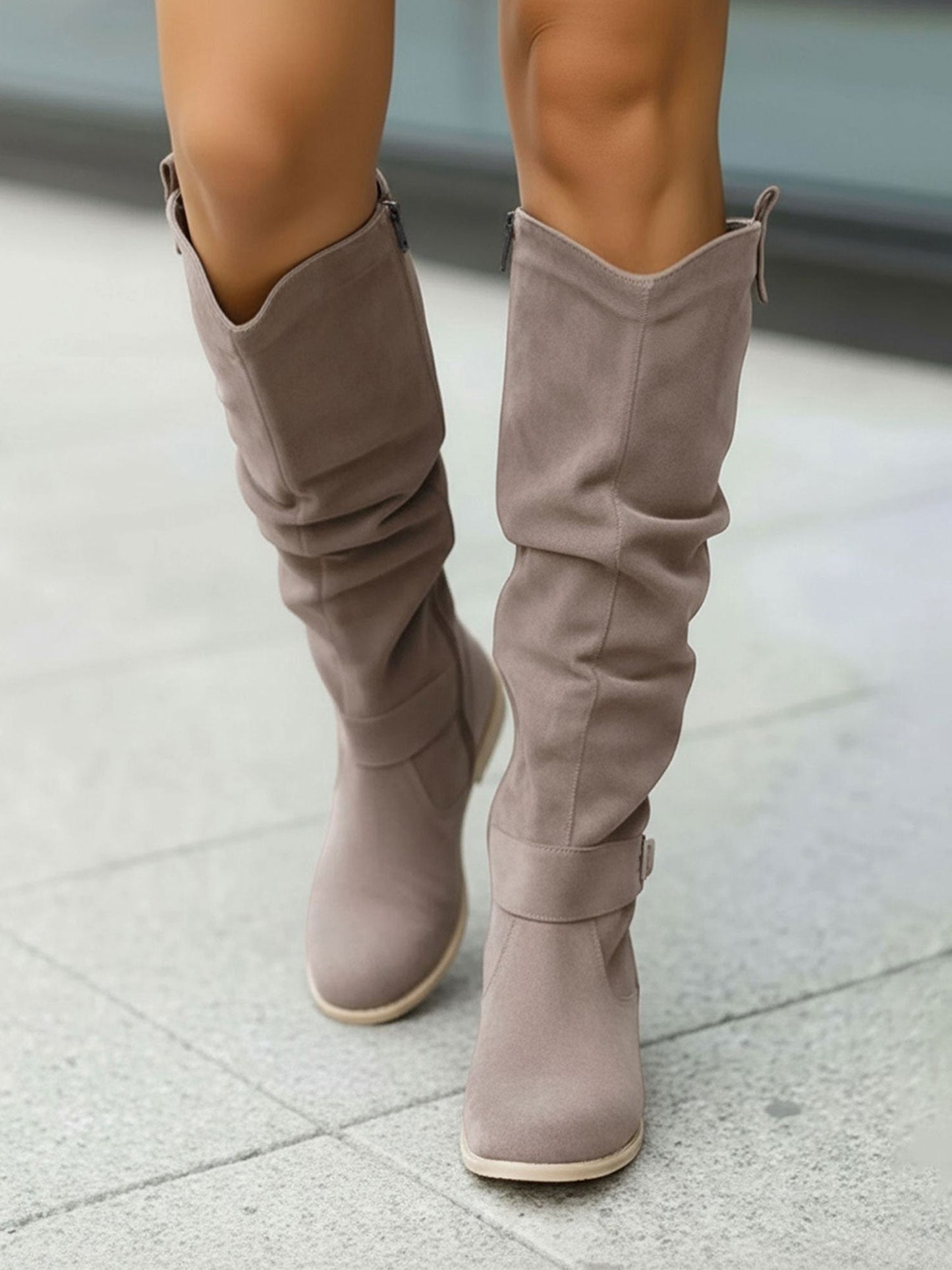 Faux Suede Round Toe Side Zipper Knee High Boots