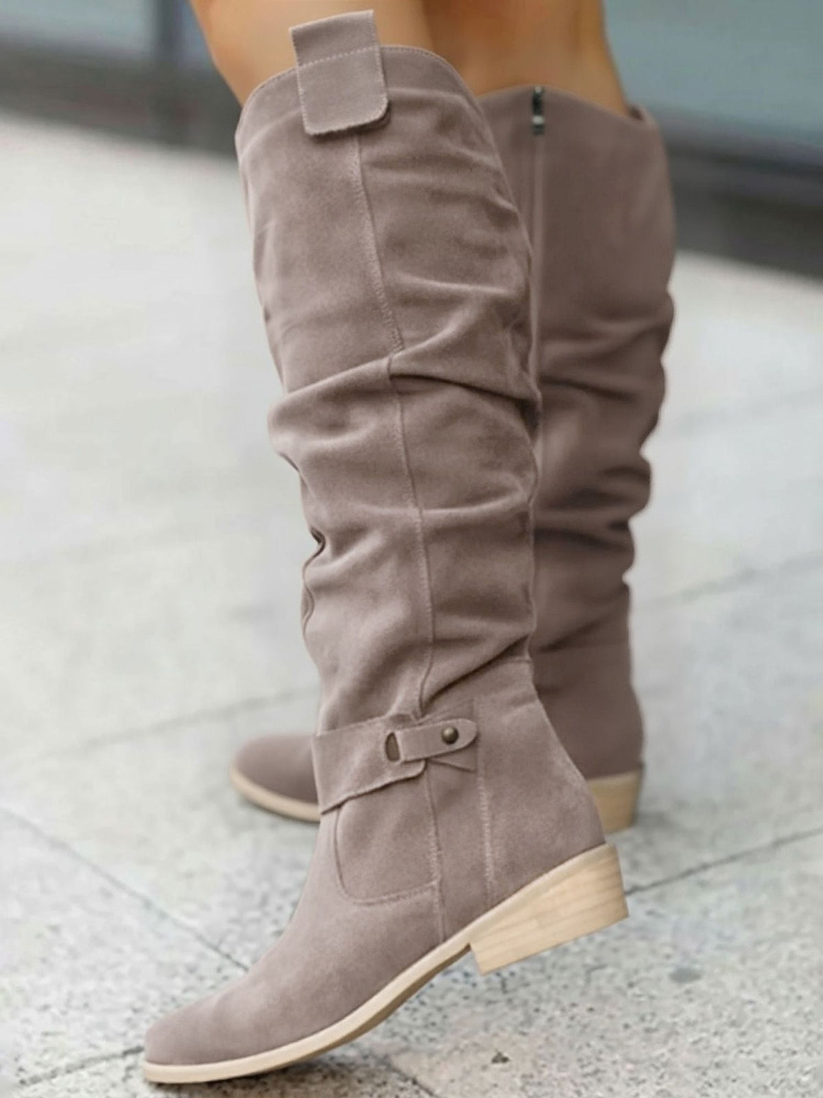 Faux Suede Round Toe Side Zipper Knee High Boots