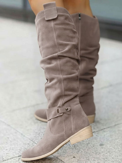 Faux Suede Round Toe Side Zipper Knee High Boots