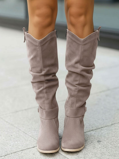 Faux Suede Round Toe Side Zipper Knee High Boots