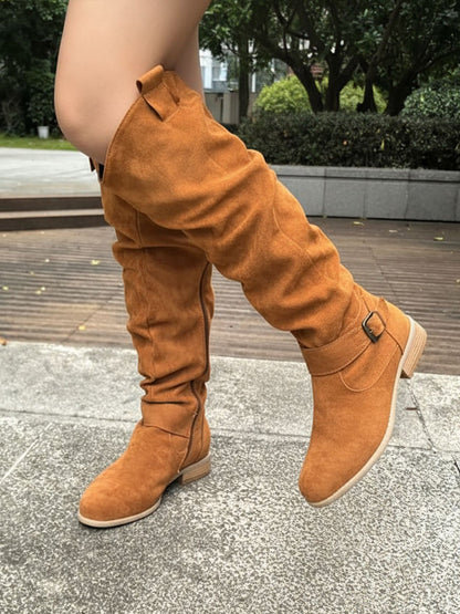 Faux Suede Round Toe Side Zipper Knee High Boots