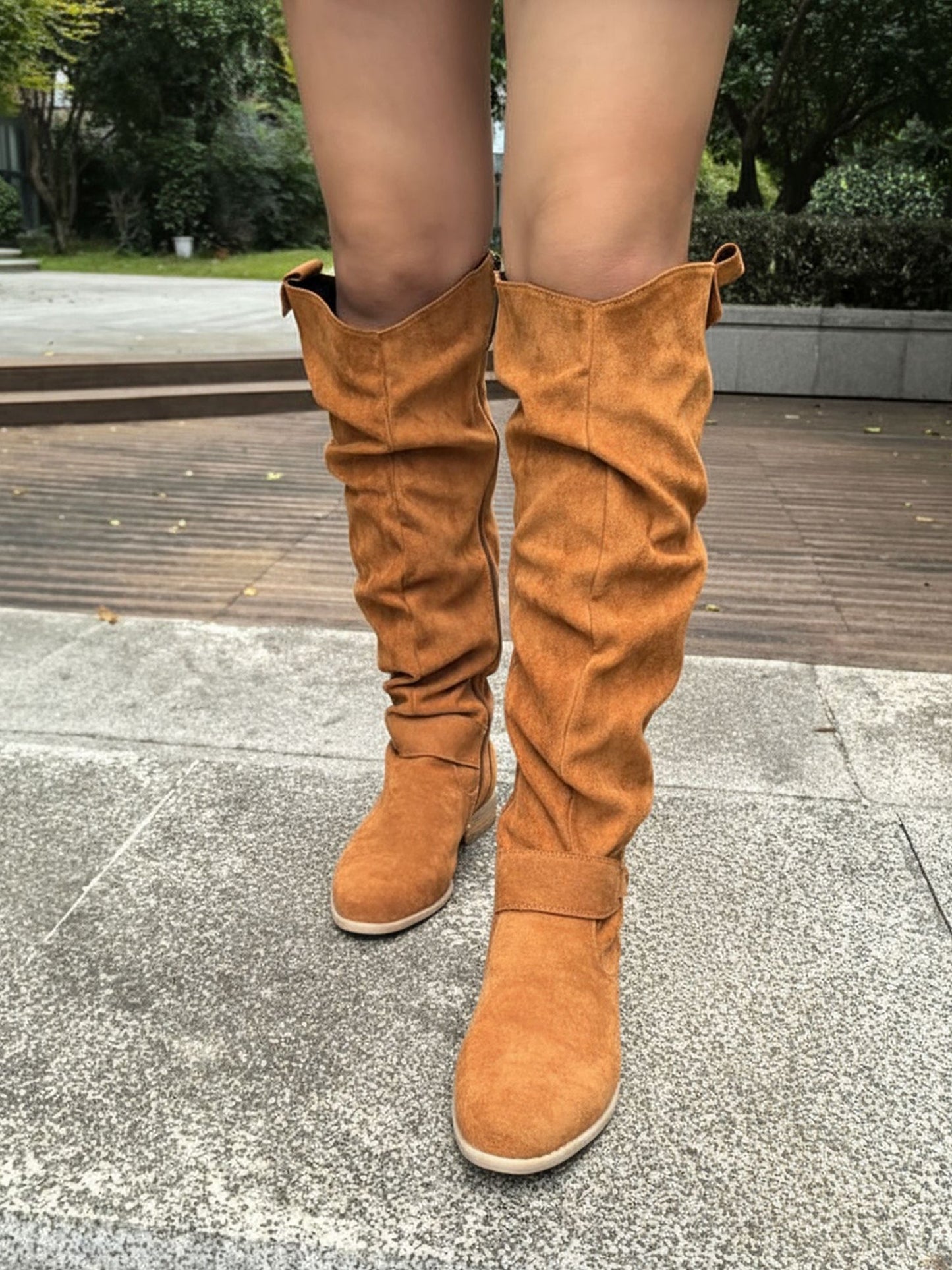 Faux Suede Round Toe Side Zipper Knee High Boots