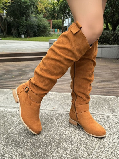 Faux Suede Round Toe Side Zipper Knee High Boots