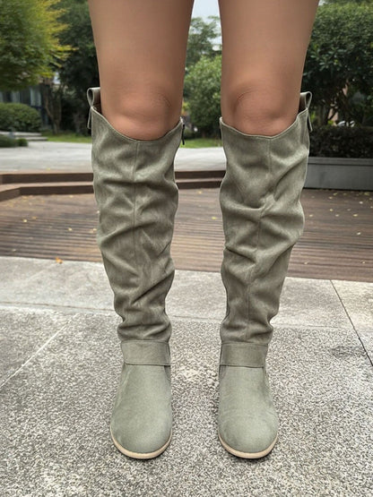 Faux Suede Round Toe Side Zipper Knee High Boots