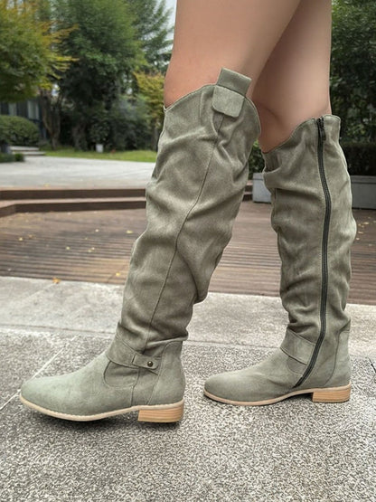 Faux Suede Round Toe Side Zipper Knee High Boots