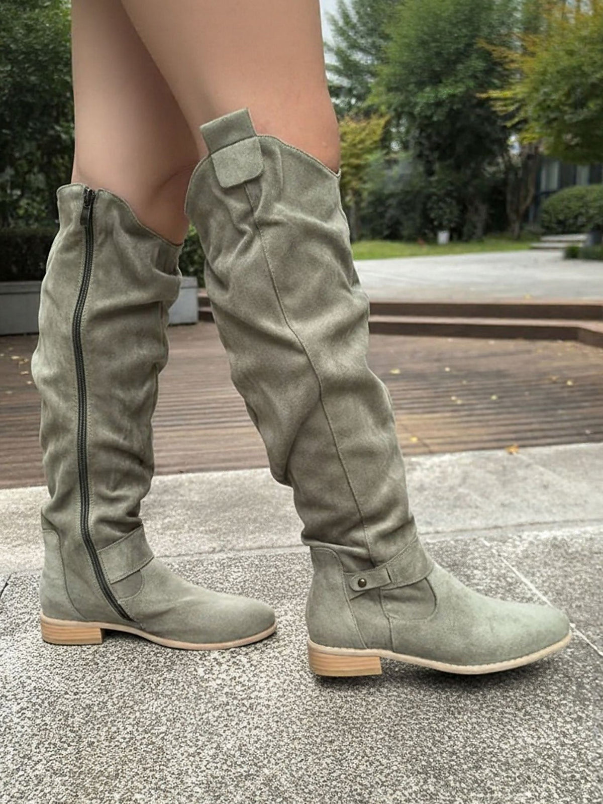 Faux Suede Round Toe Side Zipper Knee High Boots