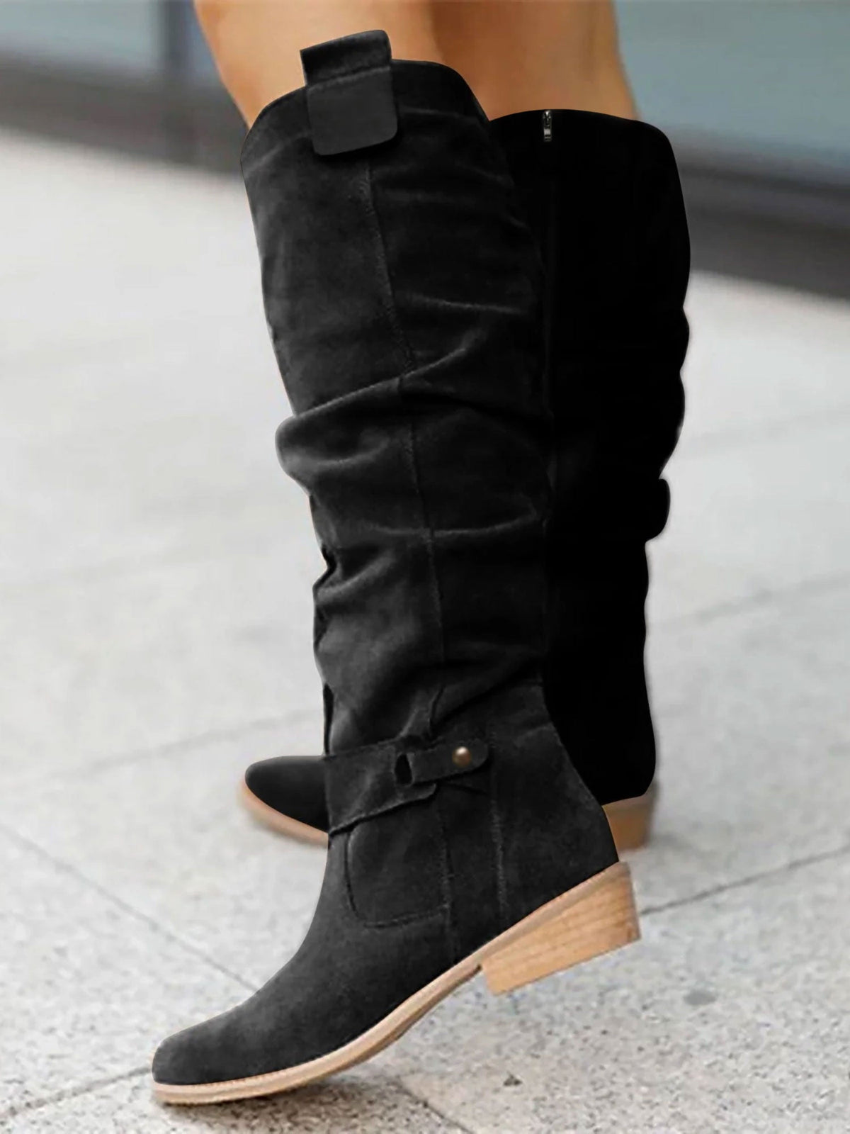 Faux Suede Round Toe Side Zipper Knee High Boots