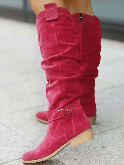 Faux Suede Round Toe Side Zipper Knee High Boots