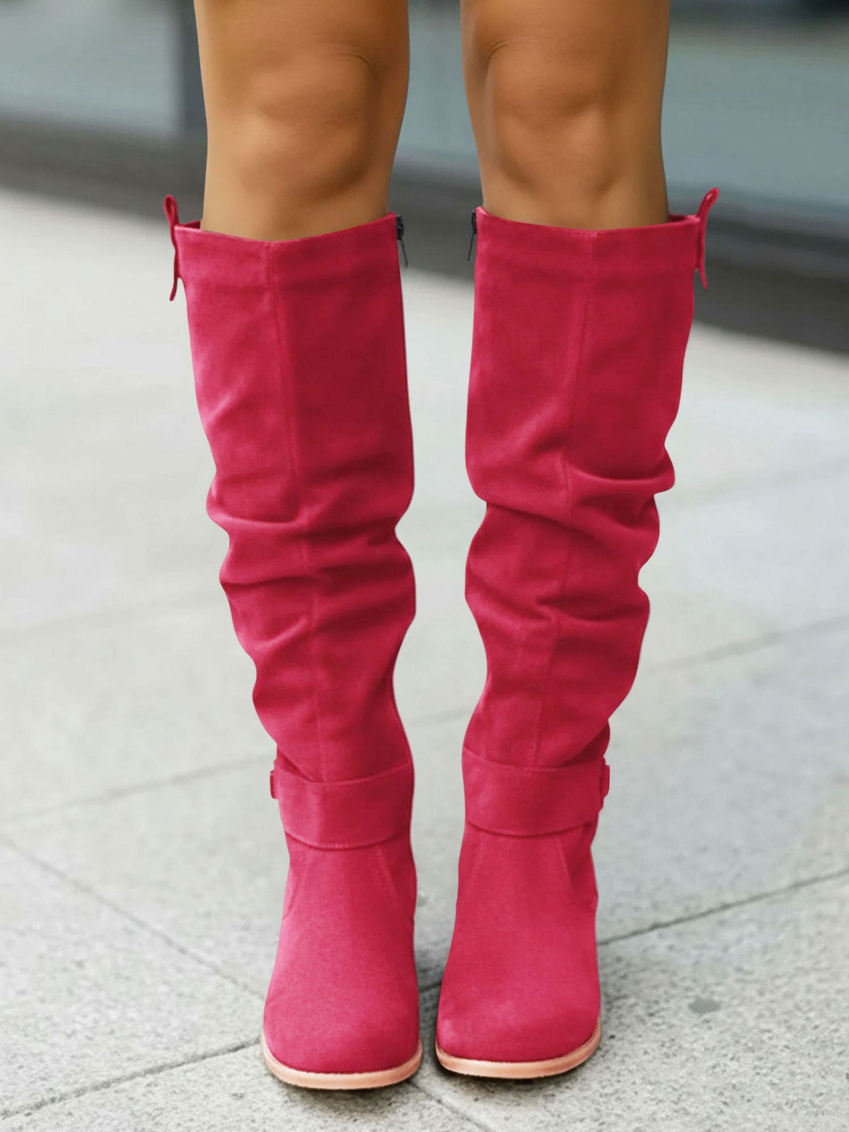 Faux Suede Round Toe Side Zipper Knee High Boots
