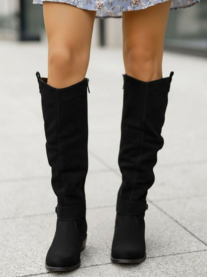 Faux Suede Round Toe Low Heels Knee High Boots
