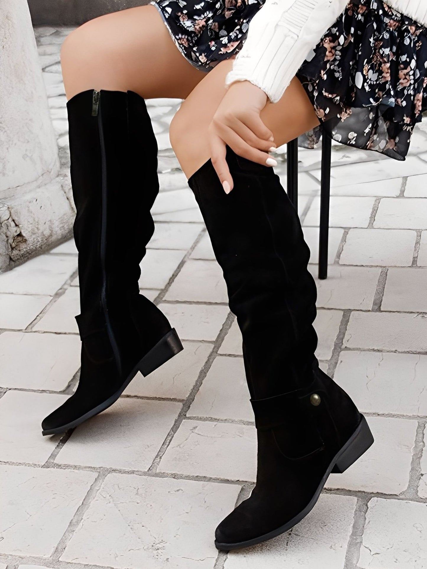Faux Suede Round Toe Low Heels Knee High Boots