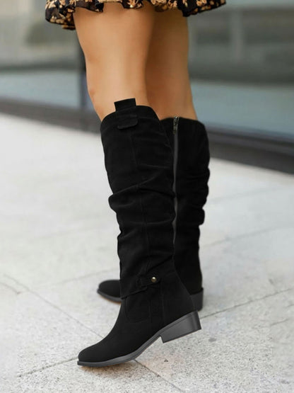 Faux Suede Round Toe Low Heels Knee High Boots