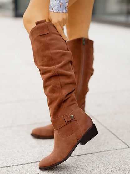Faux Suede Round Toe Low Heels Knee High Boots