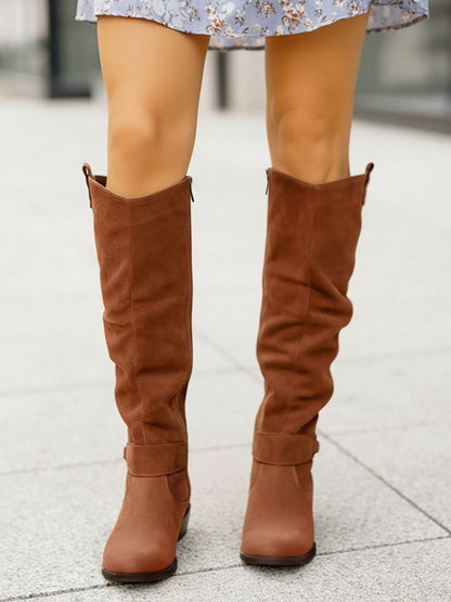 Faux Suede Round Toe Low Heels Knee High Boots