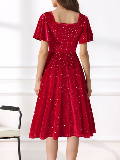 Vintage Velvet Flare Sleeves Square Neck Swing Dress