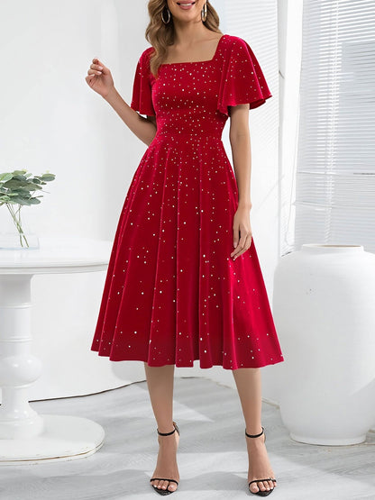 Vintage Velvet Flare Sleeves Square Neck Swing Dress