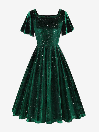 Vintage Velvet Flare Sleeves Square Neck Swing Dress