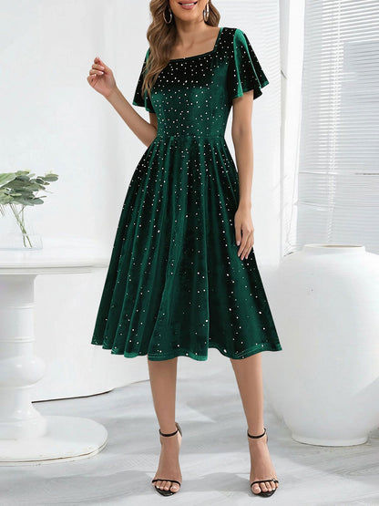 Vintage Velvet Flare Sleeves Square Neck Swing Dress