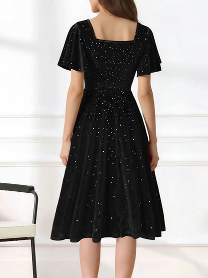Vintage Velvet Flare Sleeves Square Neck Swing Dress
