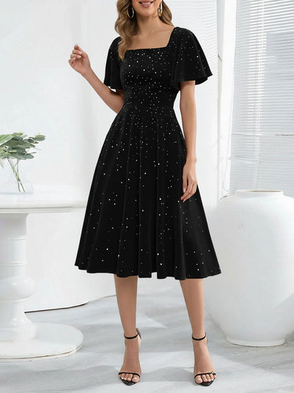 Vintage Velvet Flare Sleeves Square Neck Swing Dress