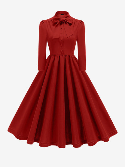 Bow Tie Neck Button Down Midi Swing Dress