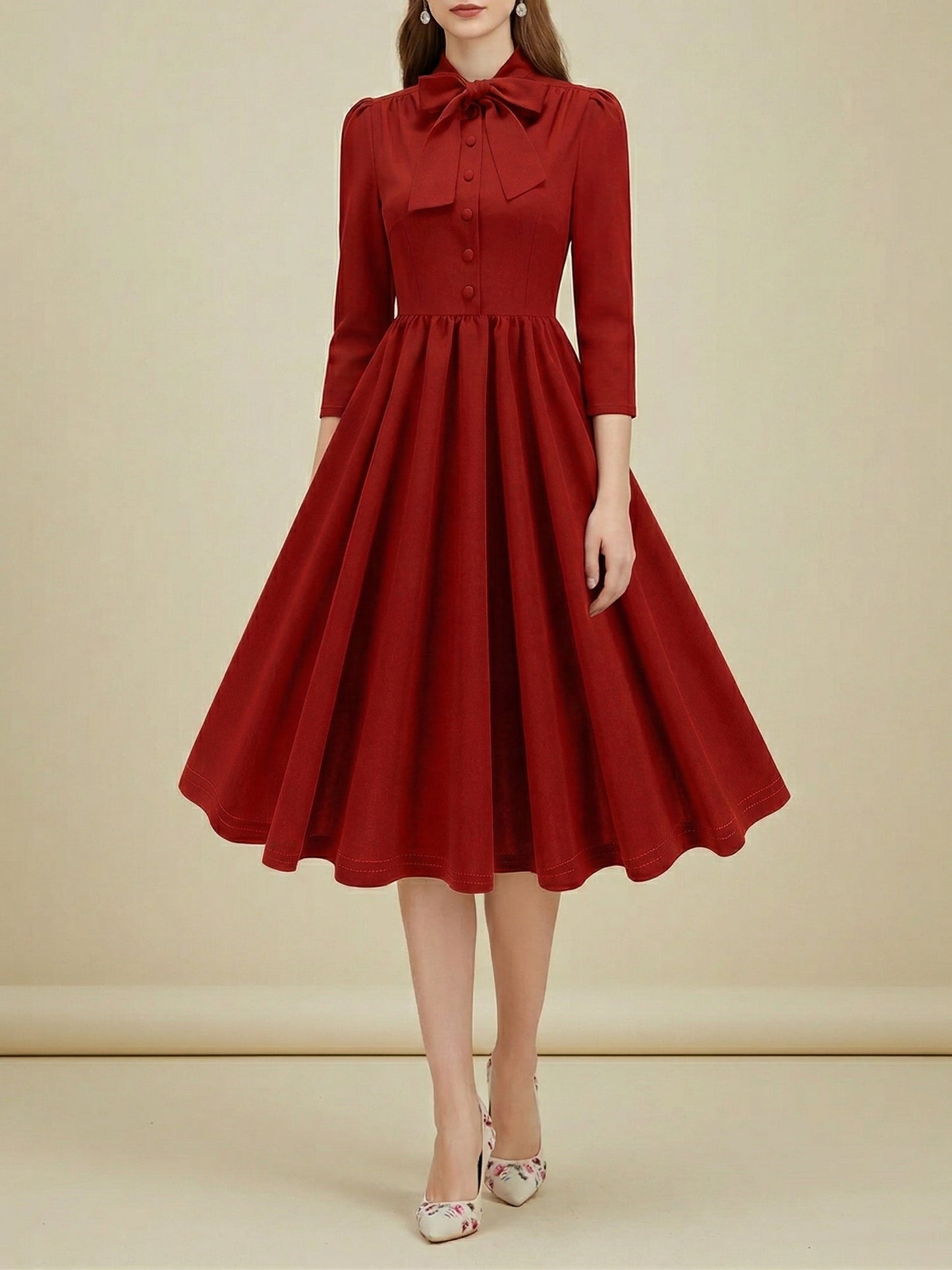Bow Tie Neck Button Down Midi Swing Dress