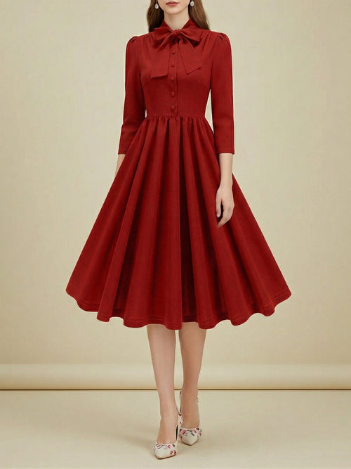 Bow Tie Neck Button Down Midi Swing Dress