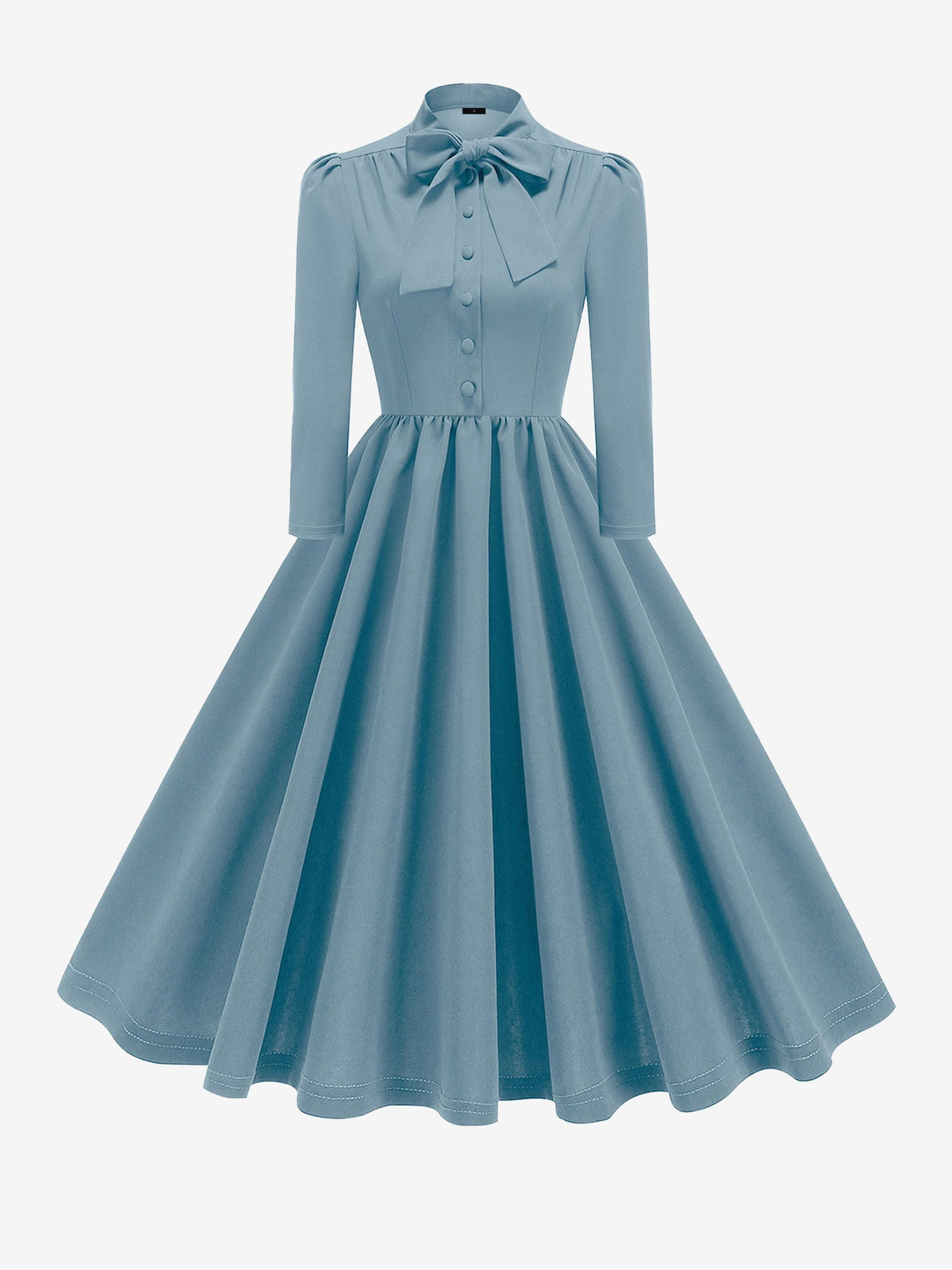 Bow Tie Neck Button Down Midi Swing Dress