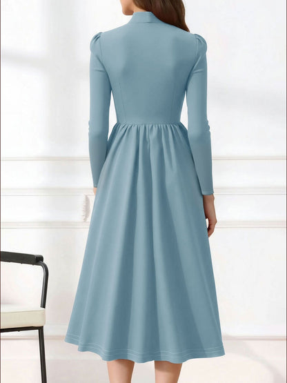 Bow Tie Neck Button Down Midi Swing Dress