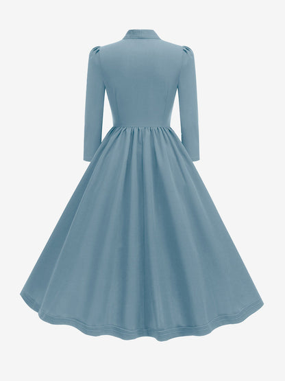 Bow Tie Neck Button Down Midi Swing Dress