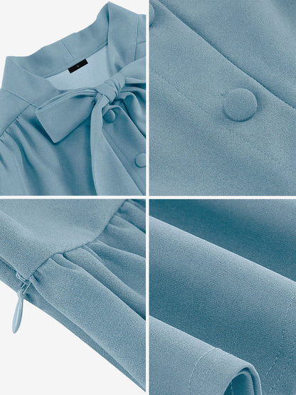 Bow Tie Neck Button Down Midi Swing Dress