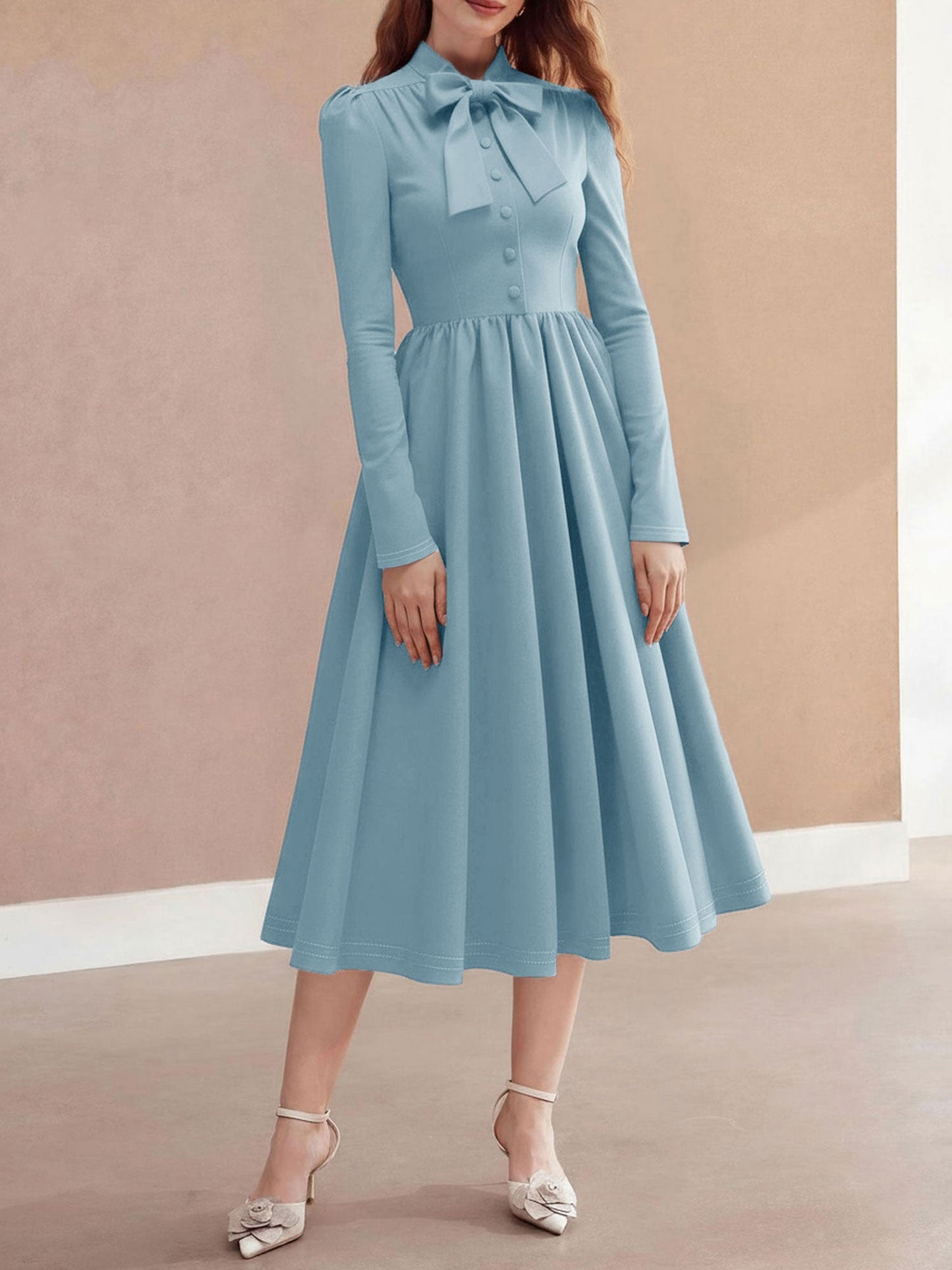 Bow Tie Neck Button Down Midi Swing Dress