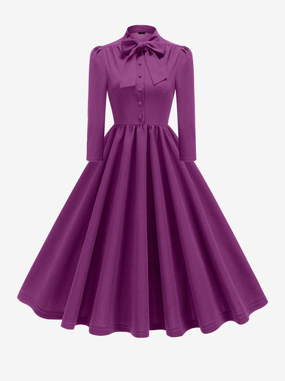 Bow Tie Neck Button Down Midi Swing Dress
