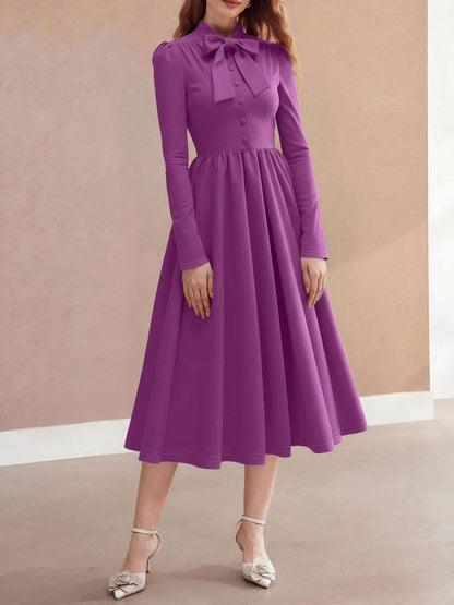 Bow Tie Neck Button Down Midi Swing Dress