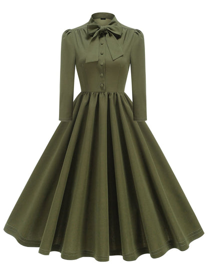 Bow Tie Neck Button Down Midi Swing Dress