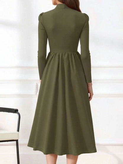 Bow Tie Neck Button Down Midi Swing Dress