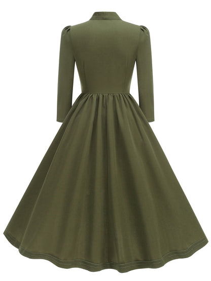 Bow Tie Neck Button Down Midi Swing Dress