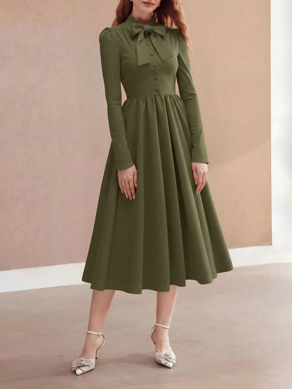 Bow Tie Neck Button Down Midi Swing Dress