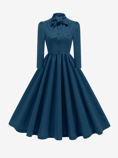 Bow Tie Neck Button Down Midi Swing Dress