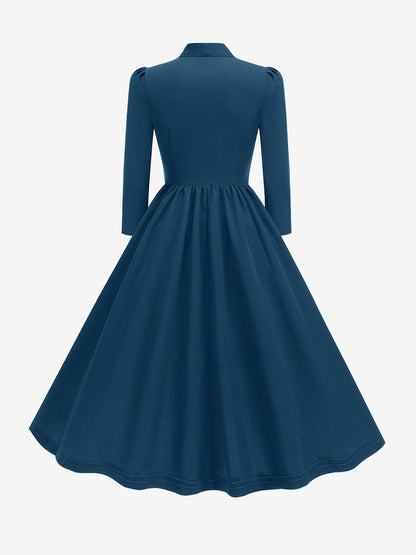 Bow Tie Neck Button Down Midi Swing Dress