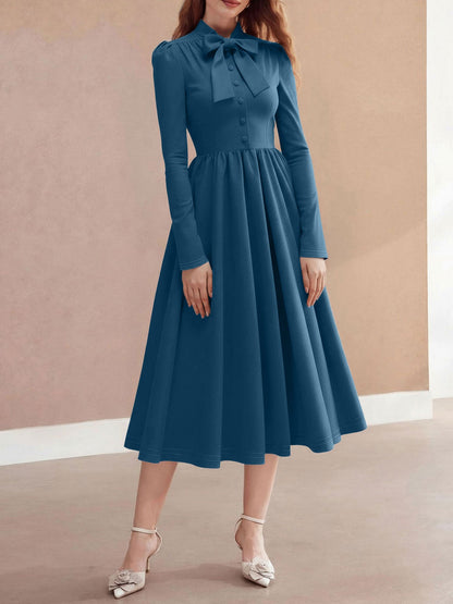 Bow Tie Neck Button Down Midi Swing Dress