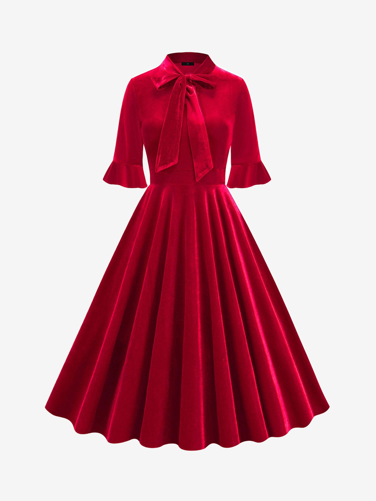 Vintage Velvet Ruffled Sleeves Bow Tie Midi Swing Dress
