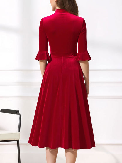 Vintage Velvet Ruffled Sleeves Bow Tie Midi Swing Dress