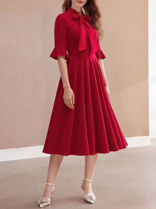 Vintage Velvet Ruffled Sleeves Bow Tie Midi Swing Dress