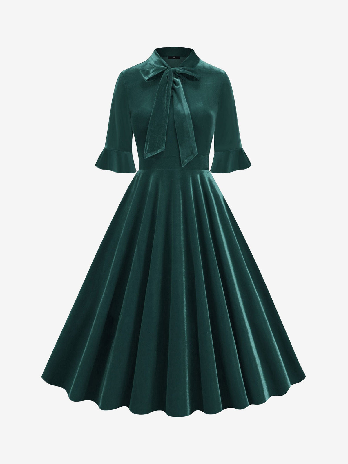 Vintage Velvet Ruffled Sleeves Bow Tie Midi Swing Dress