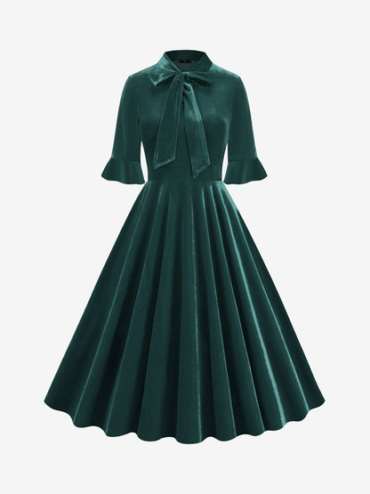 Vintage Velvet Ruffled Sleeves Bow Tie Midi Swing Dress