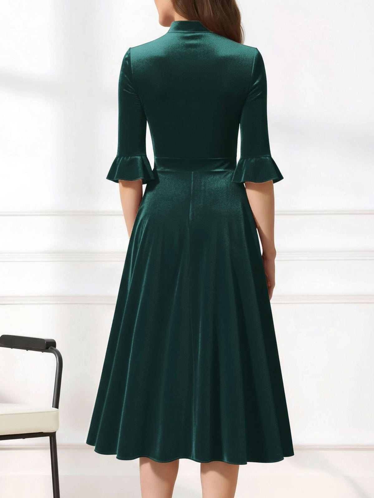 Vintage Velvet Ruffled Sleeves Bow Tie Midi Swing Dress