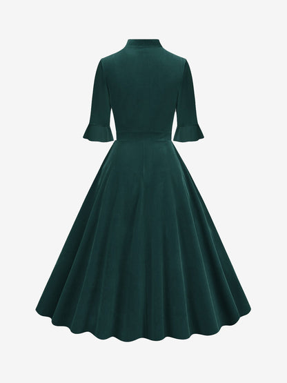 Vintage Velvet Ruffled Sleeves Bow Tie Midi Swing Dress
