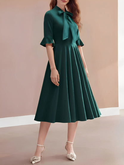 Vintage Velvet Ruffled Sleeves Bow Tie Midi Swing Dress